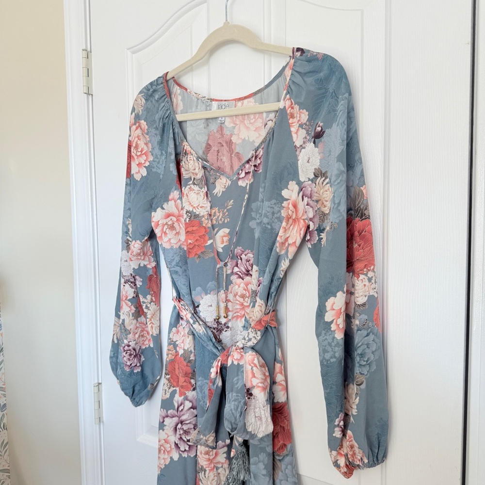 Jade Johnny Was Floral Long Sleeve Dress in Blue and Pink with Belt and Tassels - Picture 2 of 12